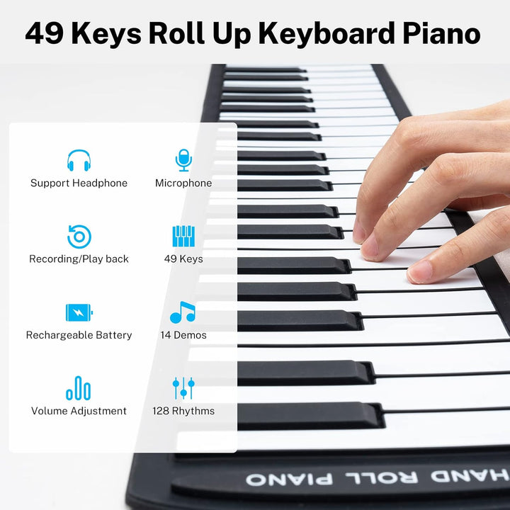 POGOLAB 49 Tasten Rollpiano, Digitales Piano Keyboard mit 47 Tönen, 14 Demo, 128 Reimen, Mikrofon-Ko
