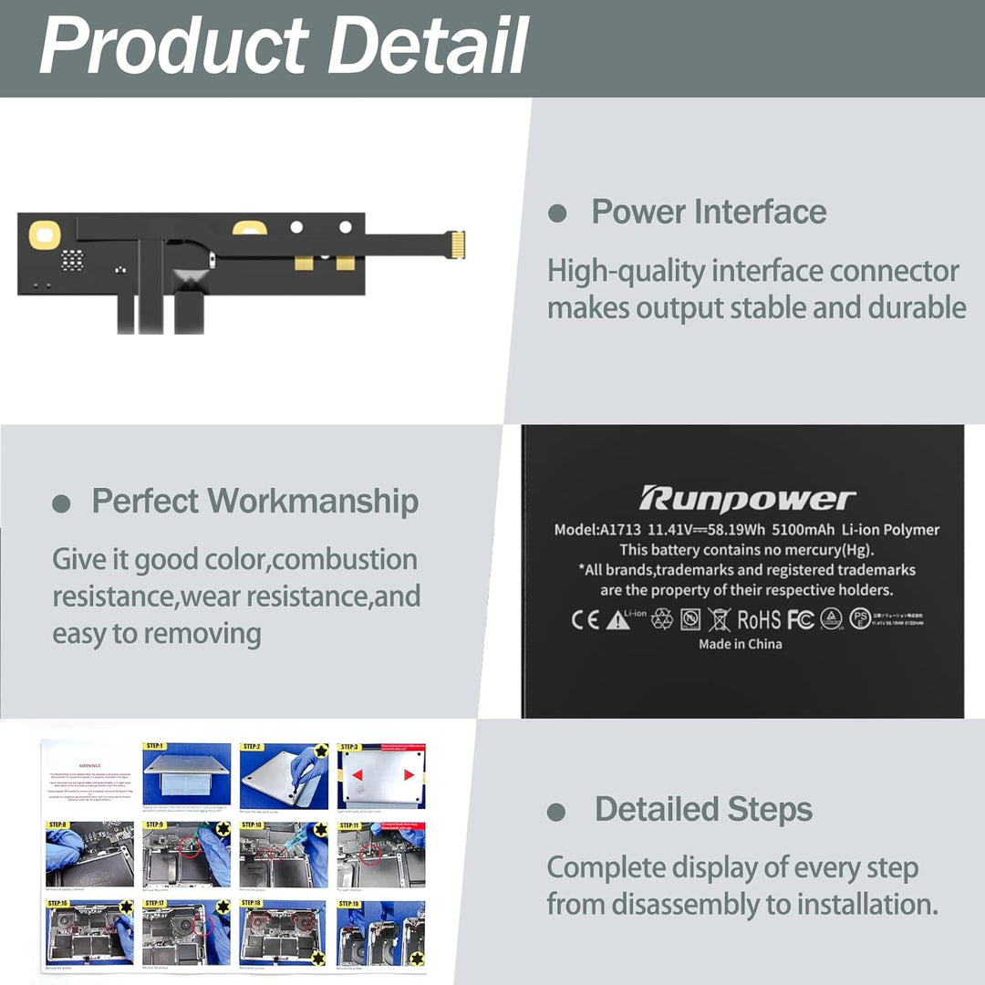 Runpower A1708 Akku, A1713 A2171 Ersatz-Laptop-Akku ist kompatibel mit MacBook Pro 13 Zoll A1708 (En