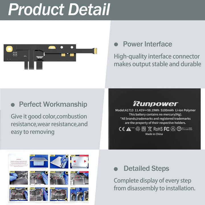 Runpower A1708 Akku, A1713 A2171 Ersatz-Laptop-Akku ist kompatibel mit MacBook Pro 13 Zoll A1708 (En