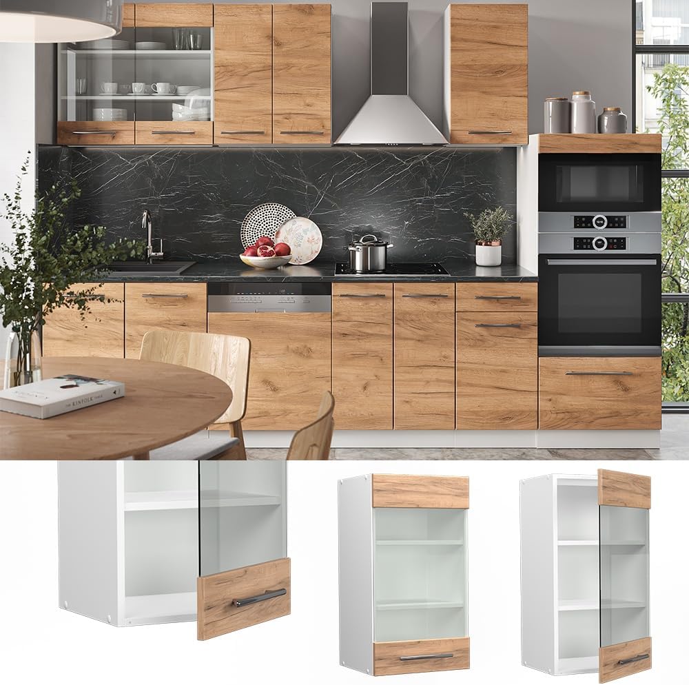 Vicco Küchenschrank Glas Fame-Line, Goldkraft Eiche/Weiss, 40 cm Goldkraft Eiche Hängeglasschrank 40