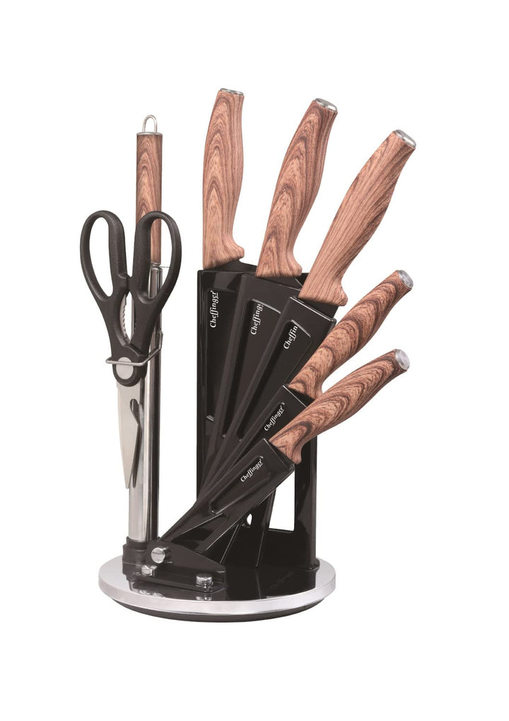 Cheffinger 8 tlg Messerset Kochmesser Messerständer drehbar Edelstahl Messer Rostfrei Holzoptik