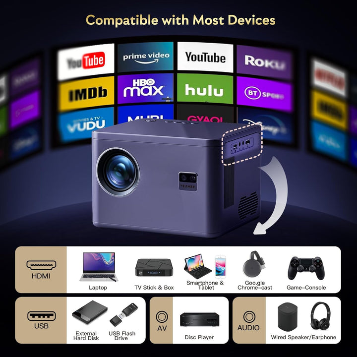 Beamer 4K [Elektrischer Fokus & 6D/4P Trapezkorrektur & Zoom] Unterstützt, 5G WiFi Zweikanal-Bluetoo