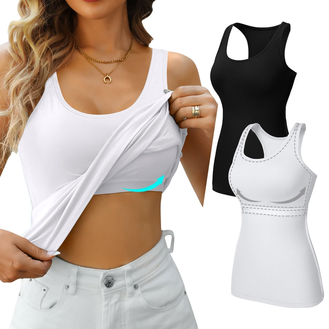 Charmo Unterhemd Damen BH-Hemd Basic Racerback Tank Tops mit Regal-BH Baumwoll Stretch eng Top Slim