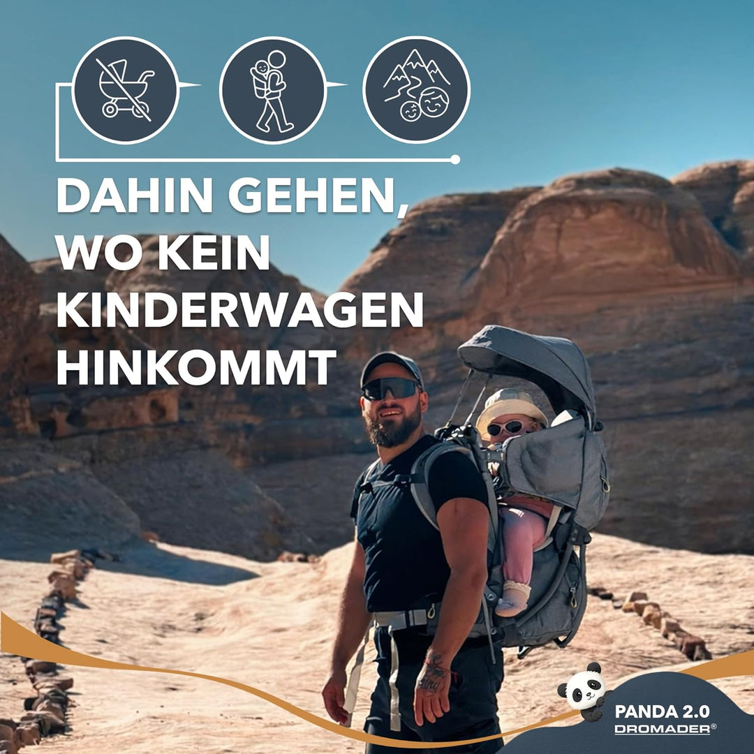 Dromader Kraxe Kindertrage Wandern - Verstellbarer Sitz - Schlafstützkissen - Ausfahrbares Sonnendac