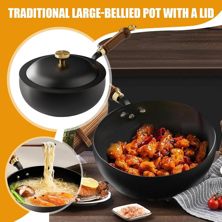 Chinesischer Wok | Eisentopf | Uncoated Hand Forged Big Belly Pot | Antihaft-Wok mit Holzgriff und D