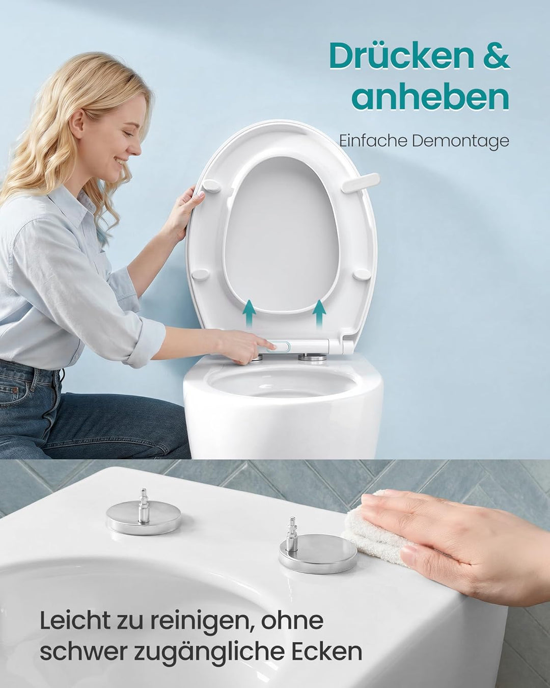 SONGMICS Toilettendeckel, O-Form, WC-Sitz mit Absenkautomatik, Griff, Toilettensitz abnehmbar, Klode