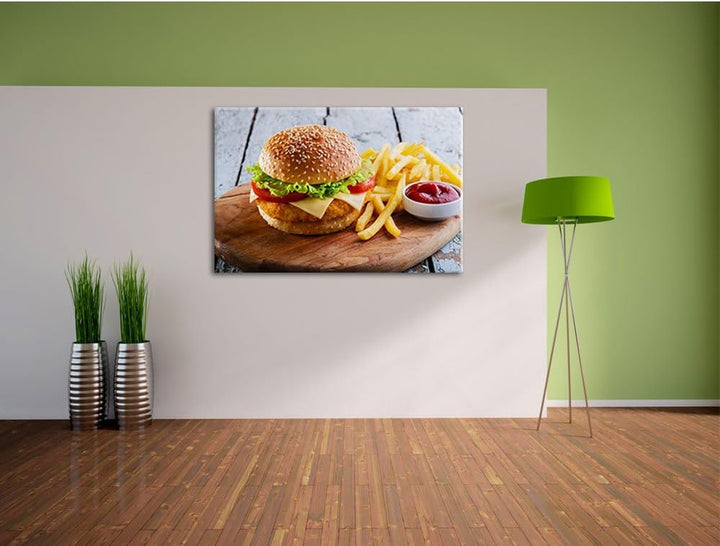 Chickenburger mit Pommes, Format: 100x70 auf Leinwand, XXL riesige Bilder fertig gerahmt mit Keilrah
