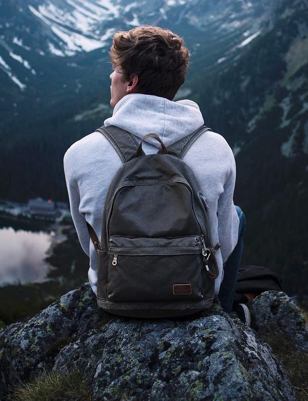 Muzee Canvas Rucksack, Leichter Anti-Diebstahl-Reise-Rucksack mit USB-Ladeanschluss für Herren Damen