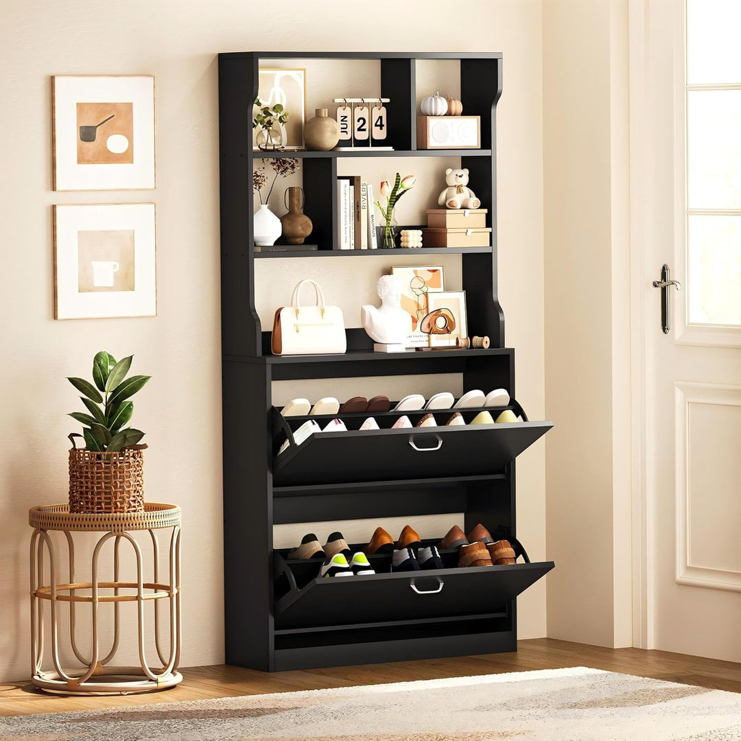 IRONCK Schuhschrank mit 2 Klappen, Schuhkipper Schmal, Schuhregal offenes Fach, Hohe Schuhaufbewahru