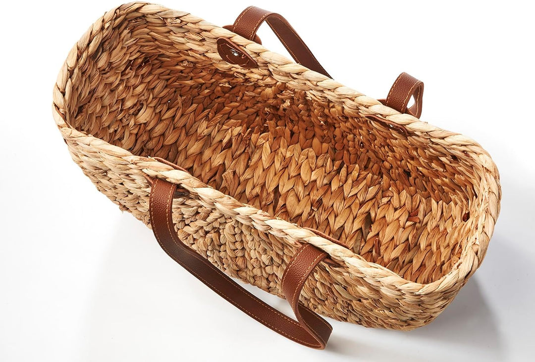 Kobolo Tasche Wasserhyazinthe, 43x16x26 cm, braune, geflochtene Henkeltasche mit robusten Kunstleder