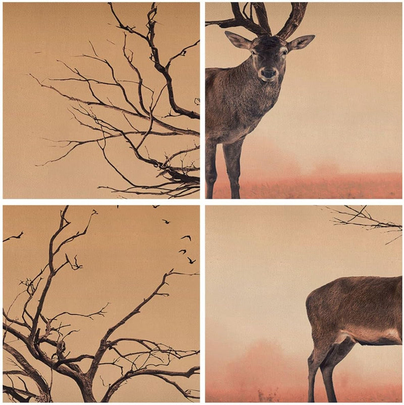 ARTTOR Bilder auf Leinwand 100x70cm Leinwandbild Hirsch Baum Nebel Wald Gross Wanddeko Bild Schlafzi