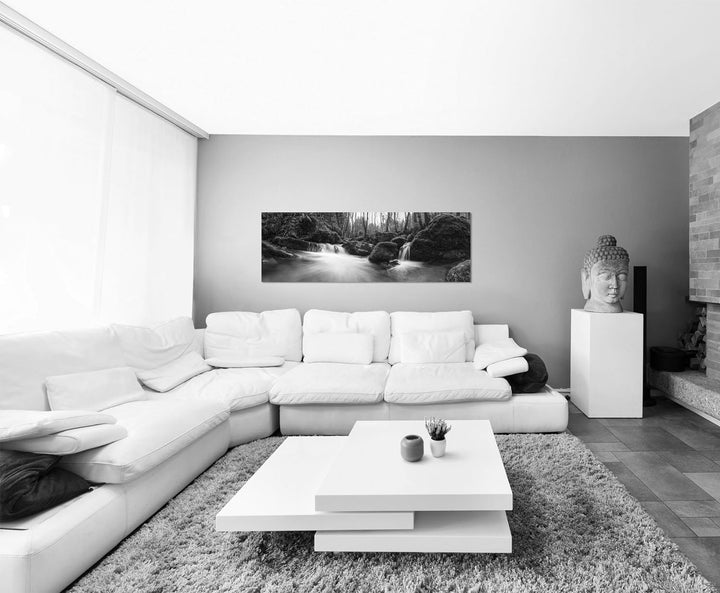 Paul Sinus Art Leinwandfoto als Panorama SCHWARZ/Weiss 150x50cm Wald Steine Moos Waldbach Herbst