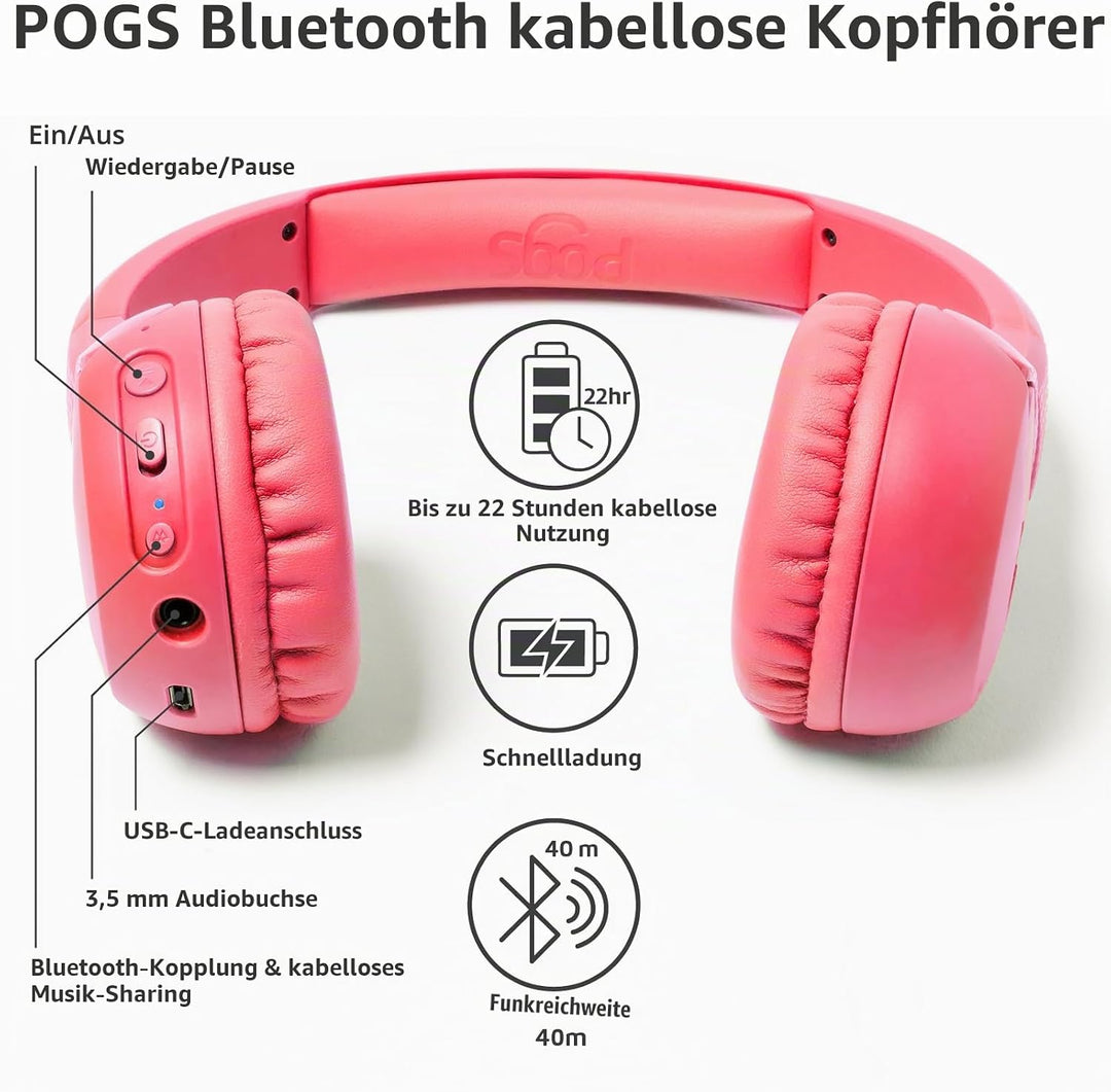 POGS Drahtloser Bluetooth Kinderkopfhörer | The Gecko 2 | Faltbarer robuster Kinderkopfhörer ab 3 Ja