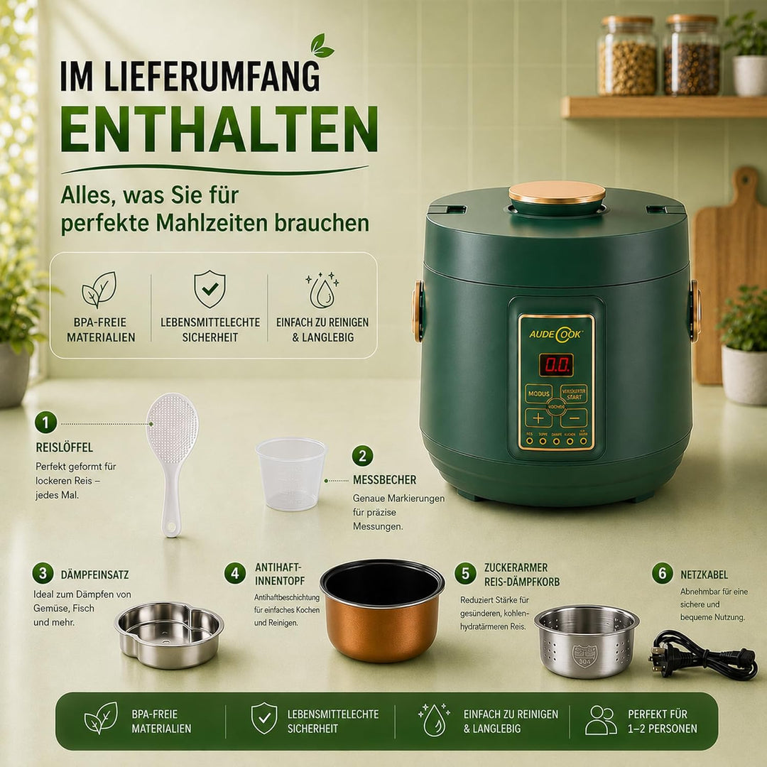 Audecook Reiskocher klein 1.2 L mit Low Sugar Funktion Für 1-2 Personen Multikocher mit 7 Programme