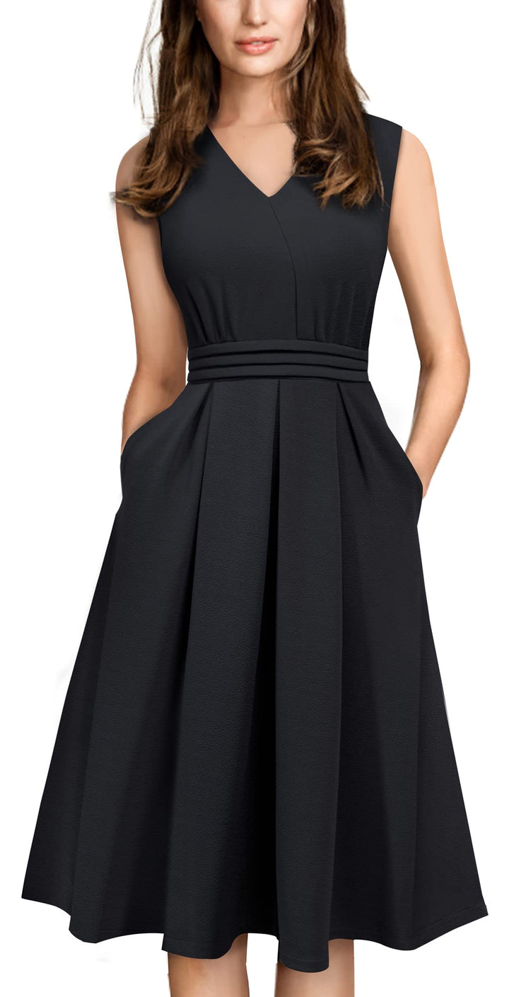 HOMEYEE Damen Vintage 50er Ärmellos Cocktail Retro mit Pocket Flared Kleid A196 S Schwarz, S Schwarz