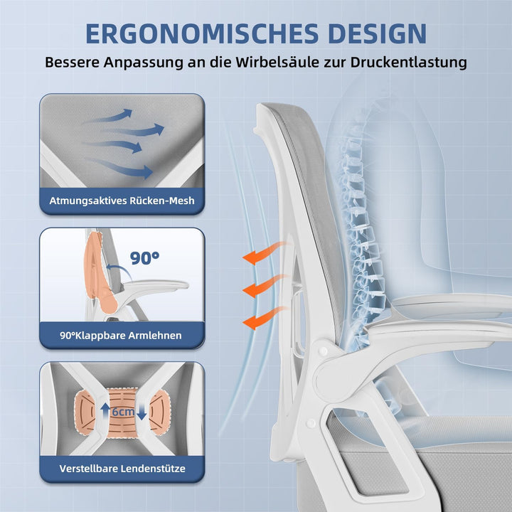 Bürostuhl Ergonomisch, Schreibtischstuhl mit Hochklappbaren Armlehnen, Einstellbarer Lendenstütze, H