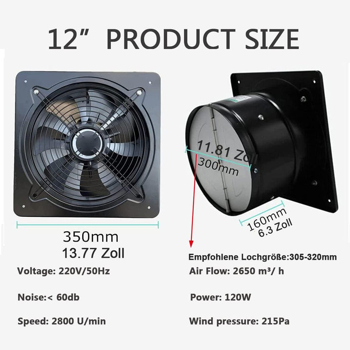 ECUTEE 120W 12" Axiallüfter 2650 m³/h Abluftventilator 300mm Axialventilator Küchenabluftventilator