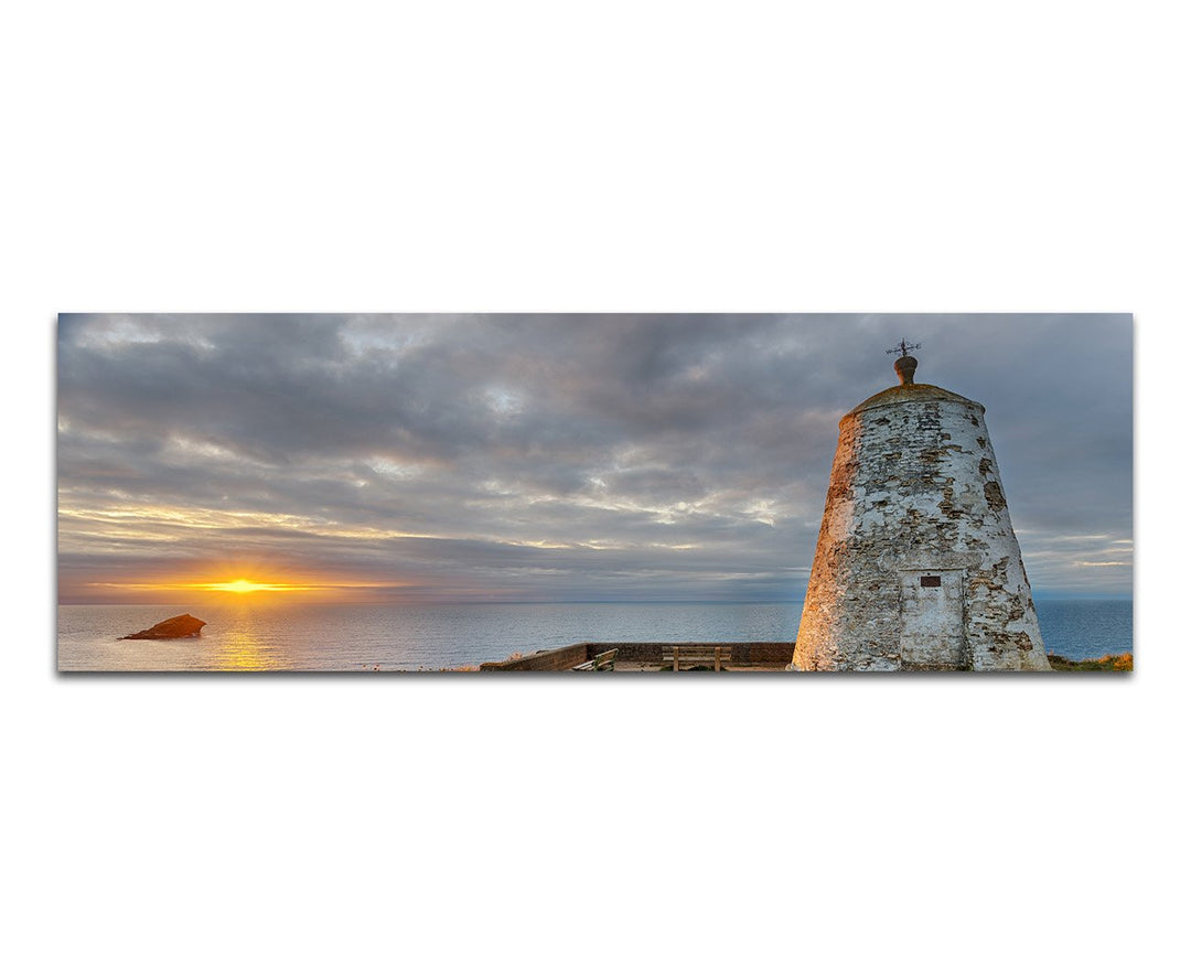Paul Sinus Art Panoramabild auf Leinwand und Keilrahmen 150x50cm Cornwall Leuchtturm Meerblick Sonne