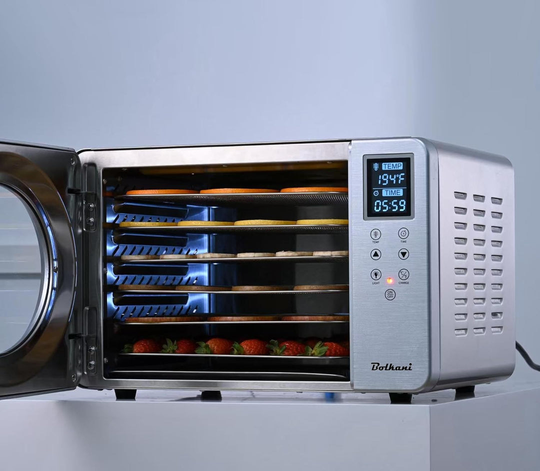 Dörrautomat Edelstahl, Dörrgerät & Food Dehydrator, 6 Dörrtabletts, 500W, LED-Display, 30–90°C, 24h