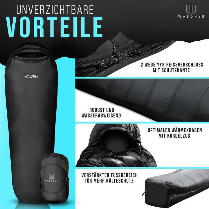 WALDNER Daunenschlafsack Ultraleicht, kleines Packmass, 4 Jahreszeiten, 800g Daunen, 600FP Bauschkra