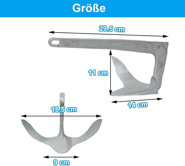 BeGrit 1KG Bruce Anker Stahl Verzinkt mit 10m reissfesten Ankerleine ø 6 mm &amp; Ankerboje Kugel Set fü