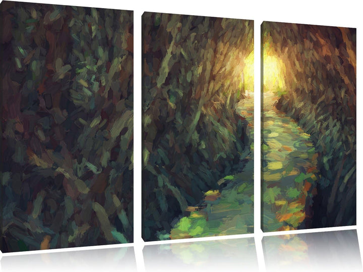 Pixxprint Gehweg im Wald / 3-Teilig/Gesamtmass 120cm Leinwandbild bespannt auf Holzrahmen/Wandbild K