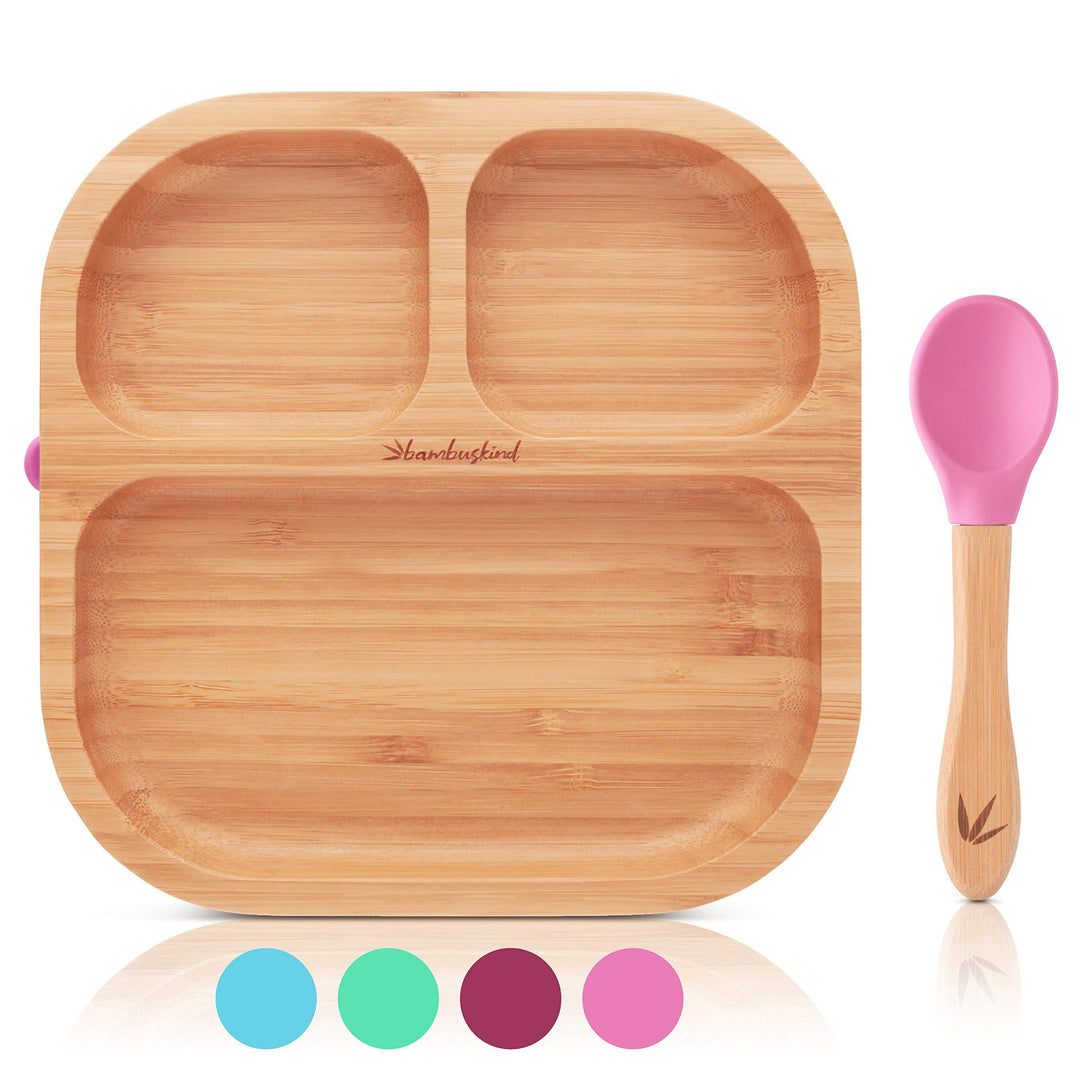 Kinderteller mit Saugnapf pink I Inkl. Rezepte-Ebook I rutschfester Babyteller aus nachhaltigem Bamb