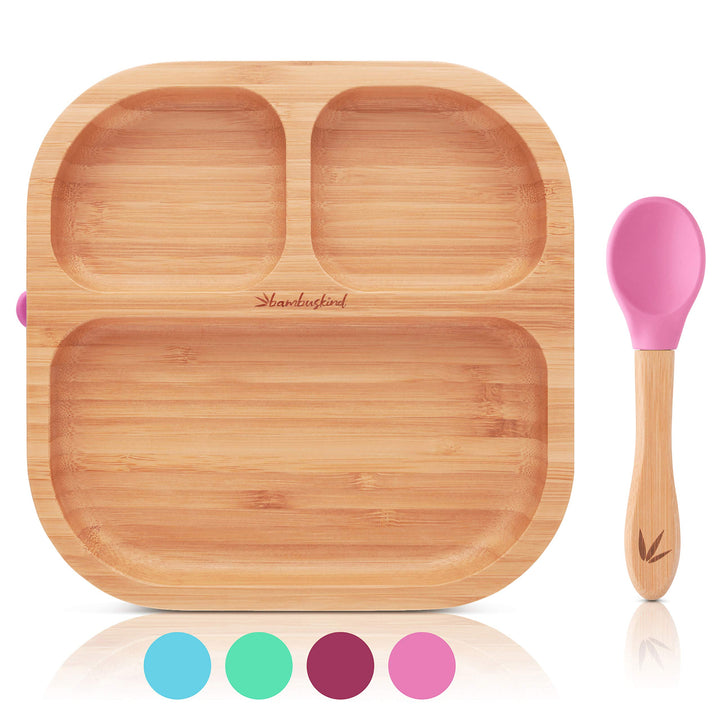 Kinderteller mit Saugnapf pink I Inkl. Rezepte-Ebook I rutschfester Babyteller aus nachhaltigem Bamb
