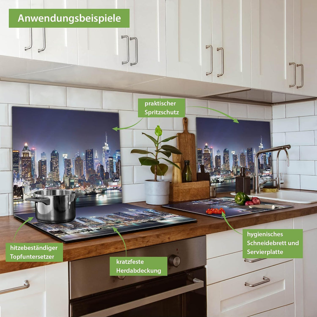 banjado® Herdabdeckplatte Glas 1-teilig 60x52 cm/Schneidebrett Herdabdeckung mit Motiv New York/Herd