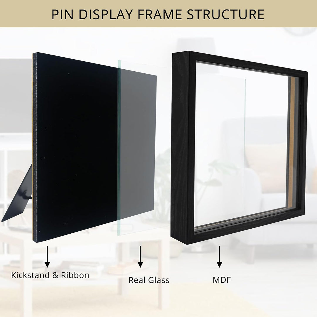 GMFrames 11x11 Anstecknadel-Vitrine mit Echtglas, Schaukasten für Wand und Tisch, Steckraster Schwar