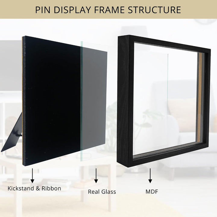 GMFrames 11x11 Anstecknadel-Vitrine mit Echtglas, Schaukasten für Wand und Tisch, Steckraster Schwar