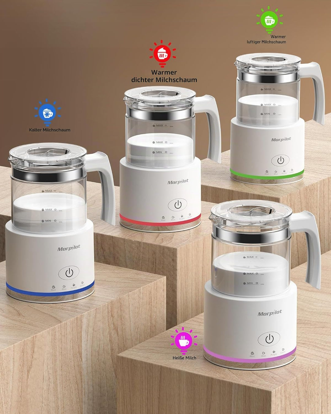 Morpilot Elektrischer Milchaufschäumer 4 in 1, 500 ml, 600 W, Milchaufschäumer aus Glas, warm und ka