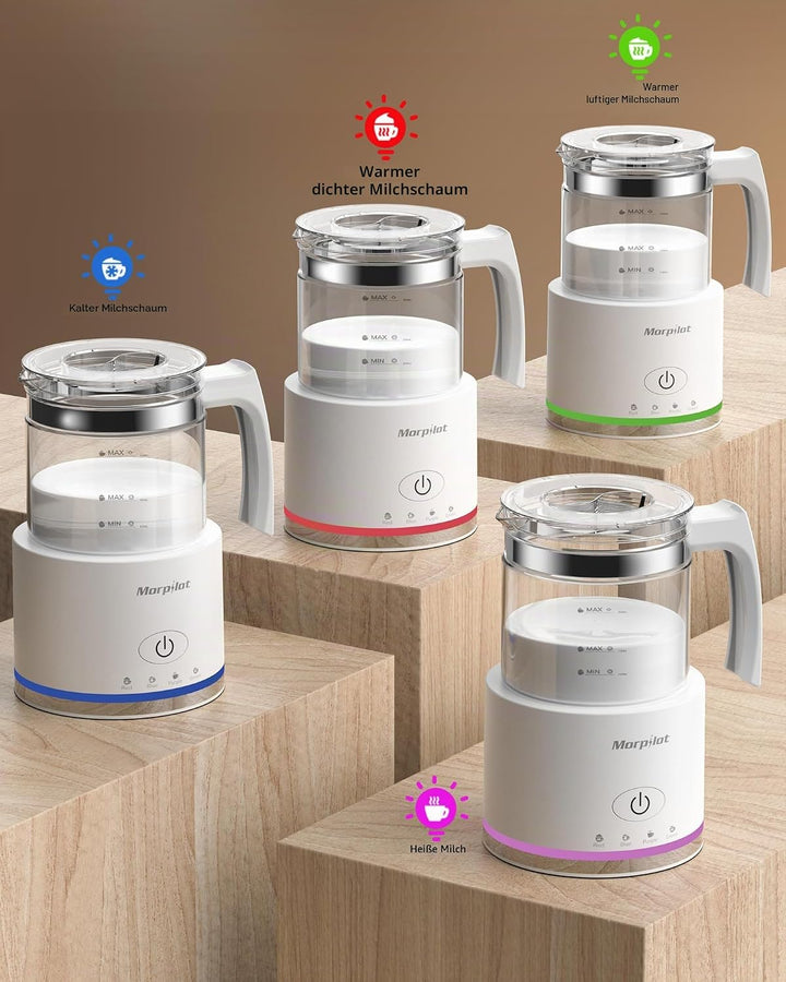 Morpilot Elektrischer Milchaufschäumer 4 in 1, 500 ml, 600 W, Milchaufschäumer aus Glas, warm und ka