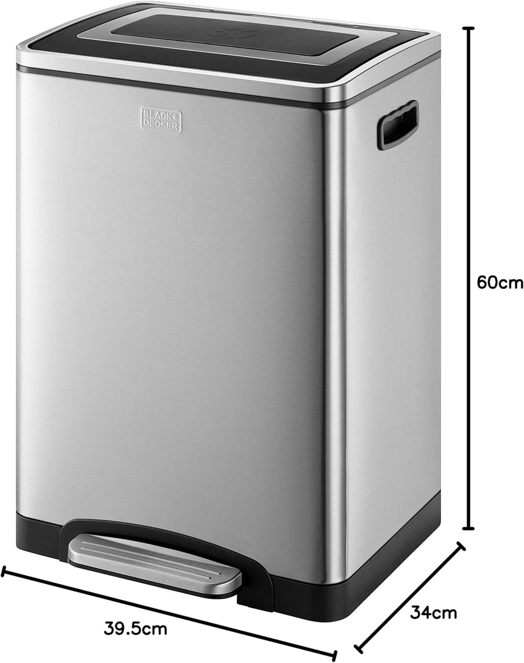 BLACK+DECKER BXBN0003GB 40L Duale Recyclingtonne mit Absenkautomatik, aus Edelstahl, 60 x 39,5 x 34