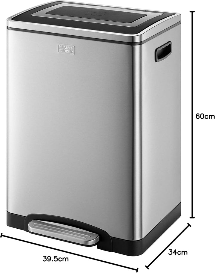 BLACK+DECKER BXBN0003GB 40L Duale Recyclingtonne mit Absenkautomatik, aus Edelstahl, 60 x 39,5 x 34