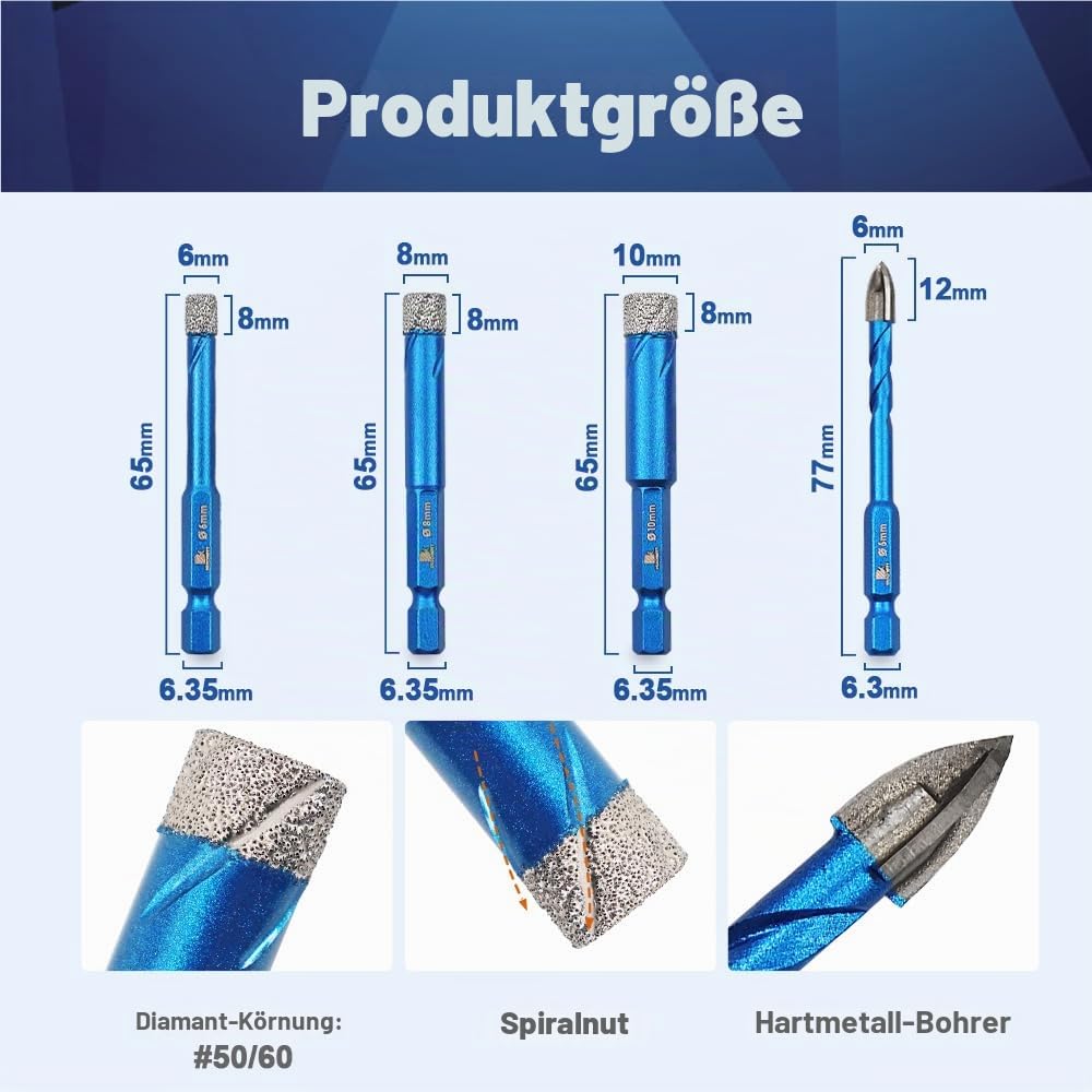 Diamantbohrer Fliesenbohrer Set 6/8/10mm - BRSCHNITT 5 Stück Sechskant-Schaft fliesenbohrer set- Loc