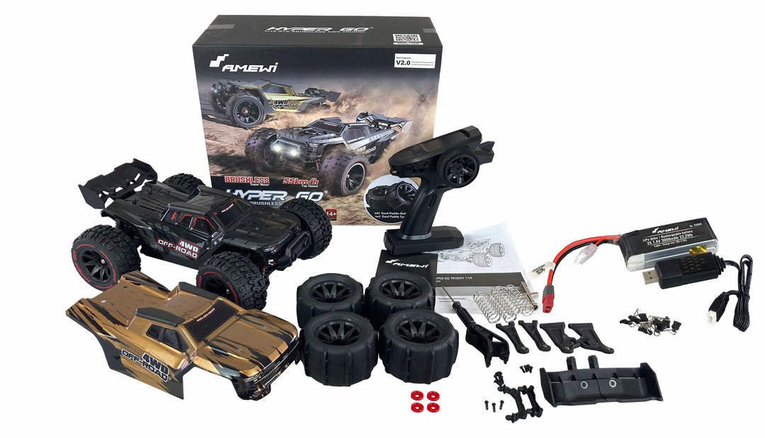 Amewi 22659 Hyper GO Truggy brushless 4WD 1:14 RTR schwarz inkl. inkl. Wheelie-Bar, Ersatzteile, Gol