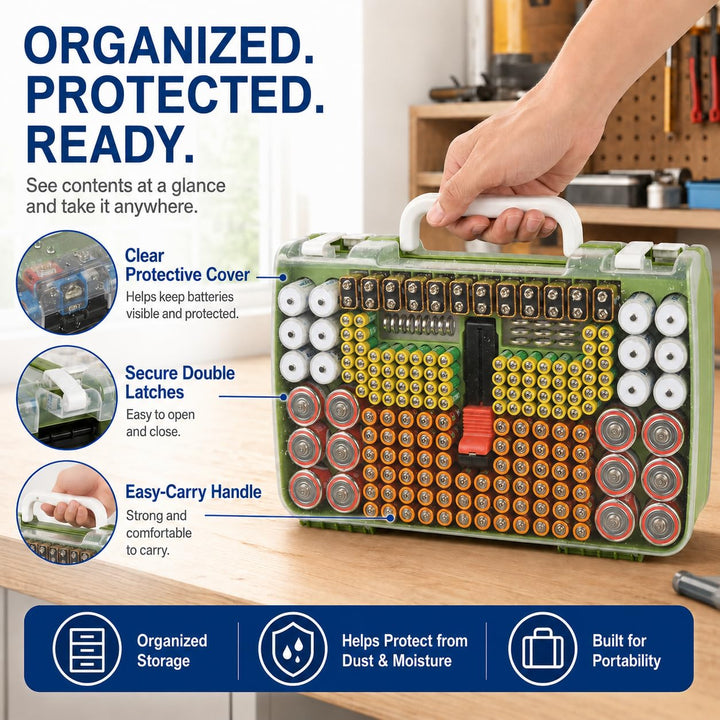 Batterie-Organizer, Aufbewahrungskoffer mit doppelseitiger Garagenbox mit Tester, Batteriebehälter f