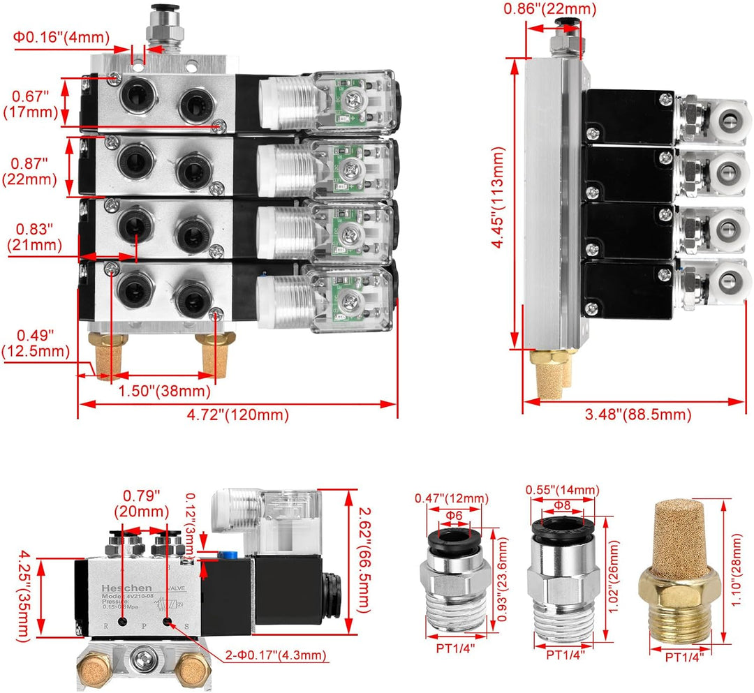 Heschen Elektrisches pneumatisches 4 Magnetventil 4V210-08 DC 24 V PT1/4 5-Wege 2 Positionen Krümmer