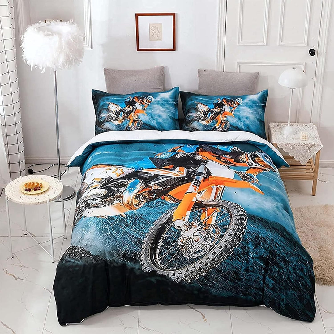 MIQEBX Motocross Bettwäsche 200x200cm,3D Motorrad-Bettbezug mit 2 Kissenbezug,100% Mikrofaser,Extrem