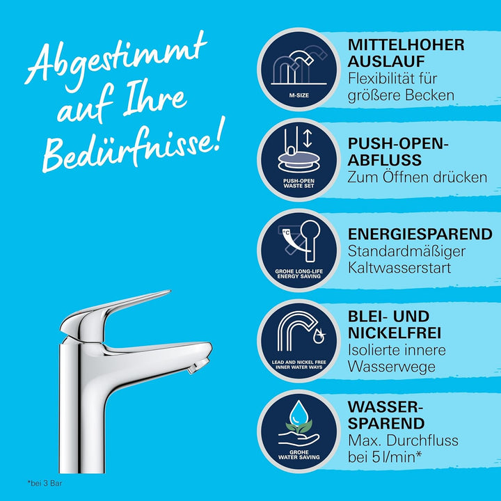 GROHE Swift, energiesparende Waschtischarmatur, Kaltwasser in Mittelstellung (Wasserhahn für Waschbe