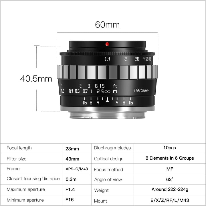 TTARTISAN 23 mm F1.4 Weitwinkel APS-C Kameraobjektiv Manueller Fokus für Olympus/Panasonic MFT Mount