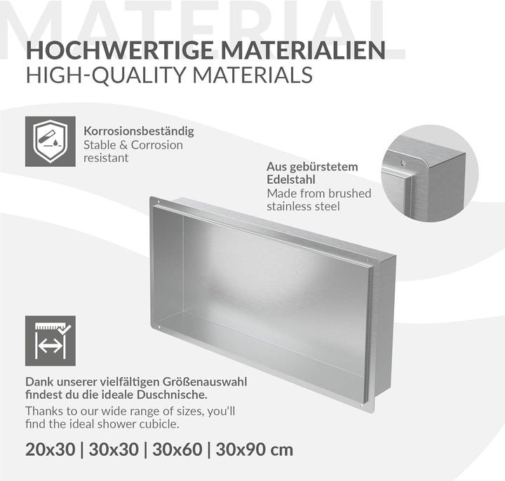 LuxeBath Wandnische aus Edelstahl, 60x30x10 cm, Silber, Duschnische, Randlos, Einbauregal, Flexibler