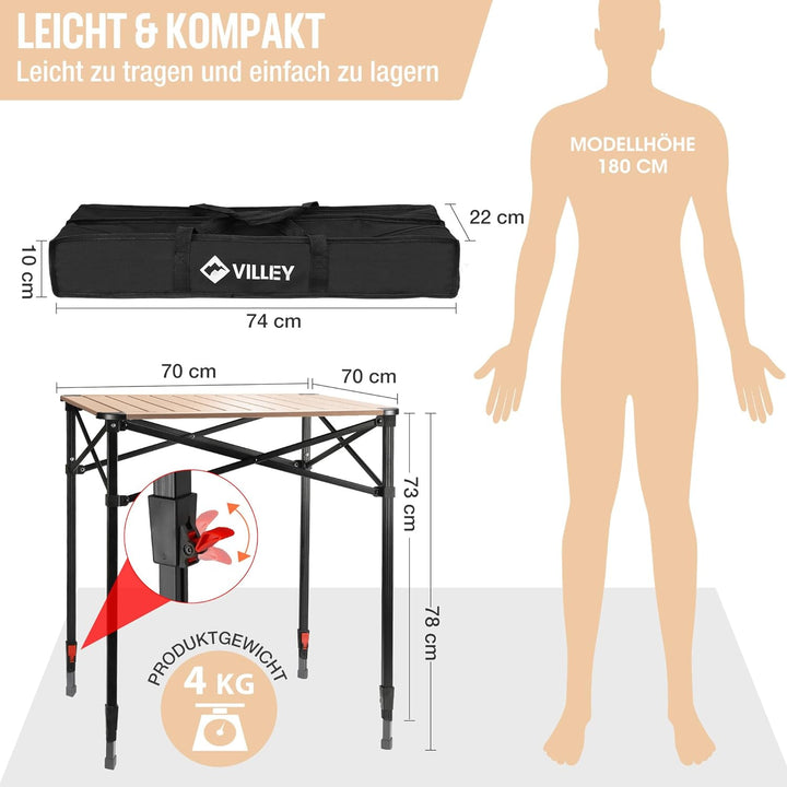 VILLEY Aluminium Klapptisch mit Tragetasche, Klappbarer Campingtisch aus Alu, Faltbarer Balkontisch,