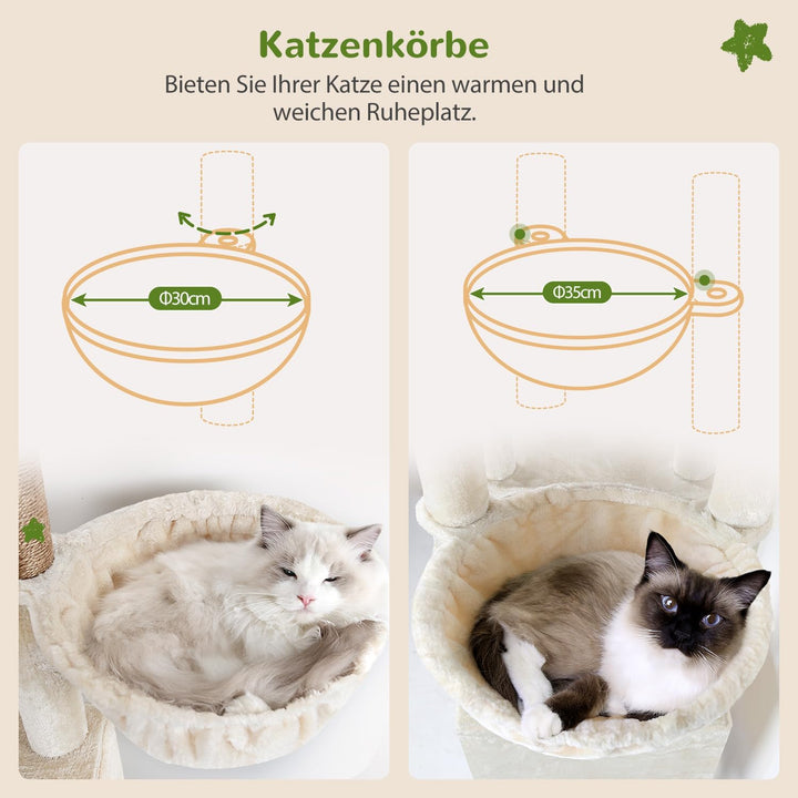 Globlazer Kratzbaum Beige XL Hoch 177cm mit 2 Grosser Katzenhaus, Kratzrampe Sisal, Gepolsterte Plat