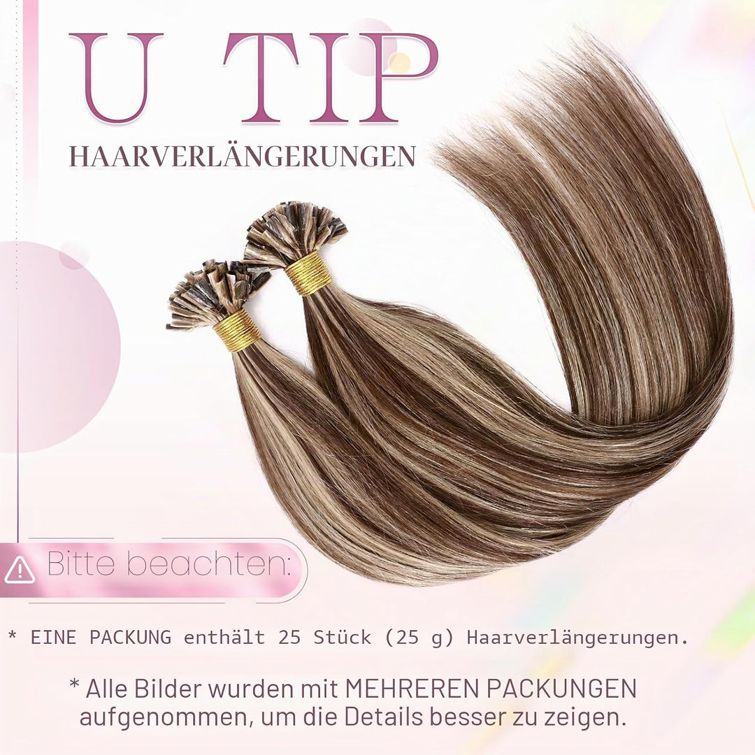 Elailite Echthaar Bonding Extensions Balayage Mittelbraun + Honigblond 25 Strähnen 25g Haarverlänger