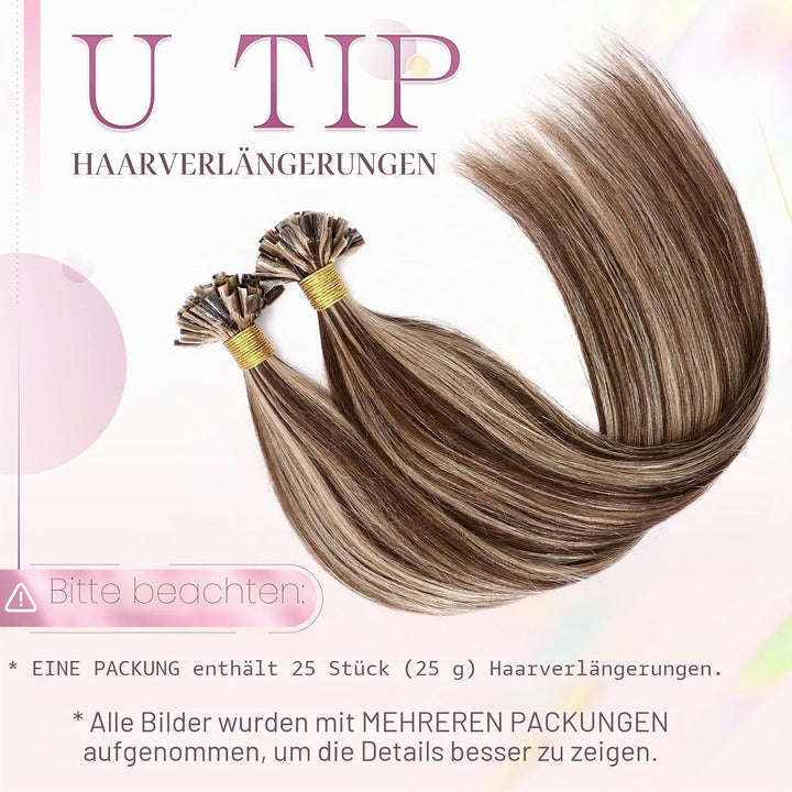 Elailite Echthaar Bonding Extensions Balayage Mittelbraun + Honigblond 25 Strähnen 25g Haarverlänger