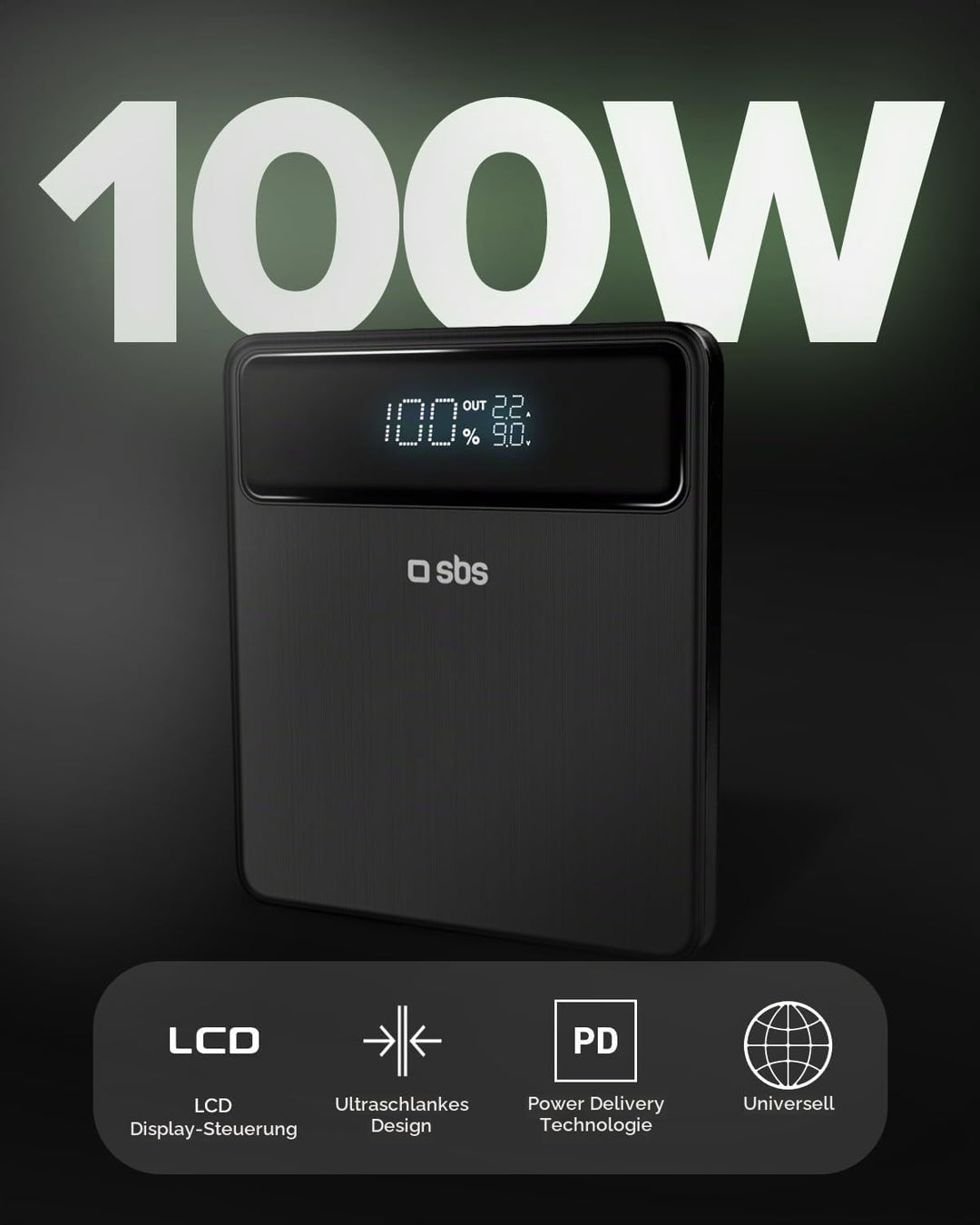 SBS PowerBank Laptop 20K Slim, 20000mAh, 100W Power Delivery (PD 3.1 PPS), AFC, LCD-Display, USB-C,