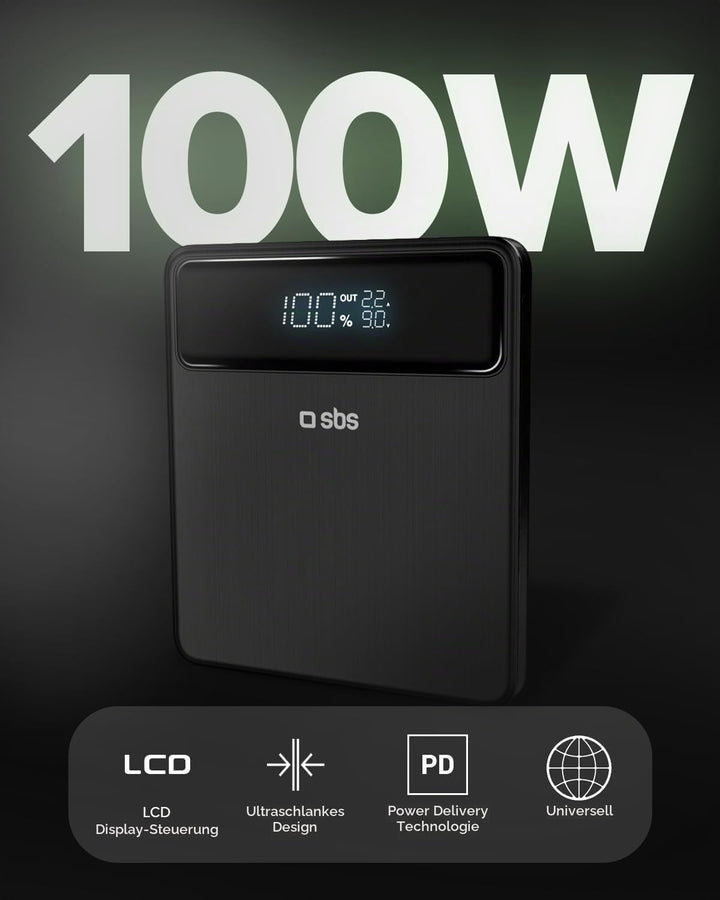 SBS PowerBank Laptop 20K Slim, 20000mAh, 100W Power Delivery (PD 3.1 PPS), AFC, LCD-Display, USB-C,