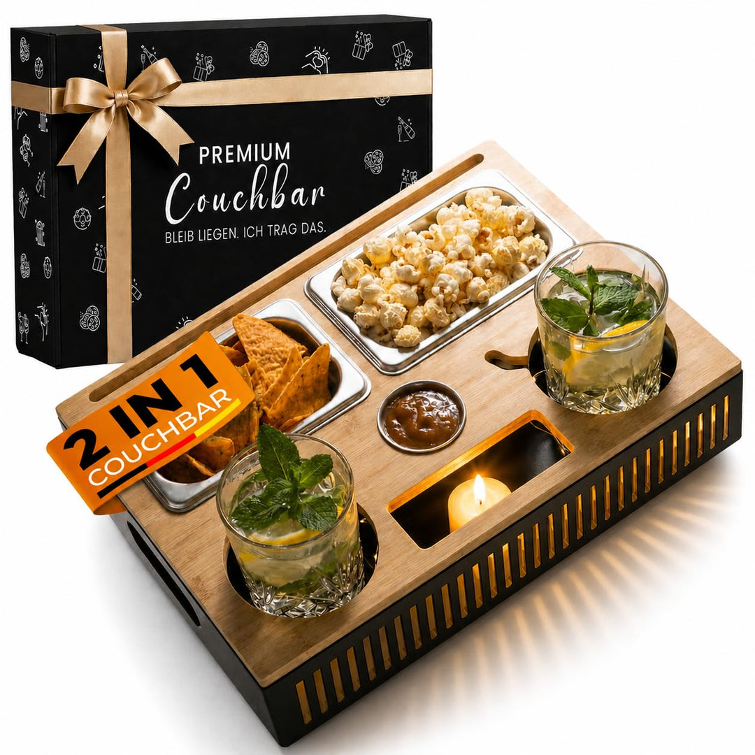 Couchbar Snackbox mit Leuchteffekt – Holz Sofatablett für Sofa, Snackbar & Organizer Tablett, 2-in-1